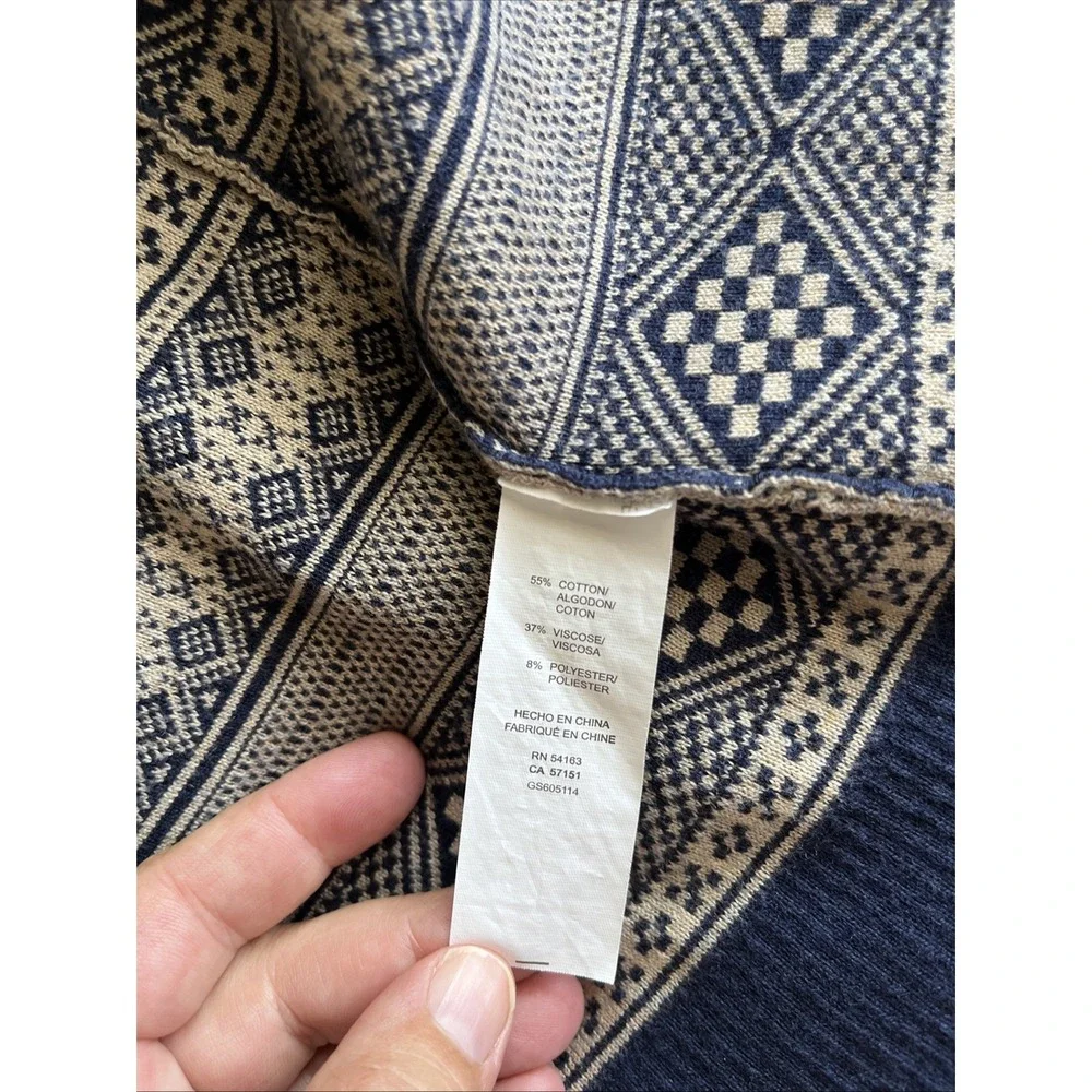 BASS USA S Navy Blue Beige DEER Knit Open Front LONG CARDIGAN Sweater FAIR ISLE